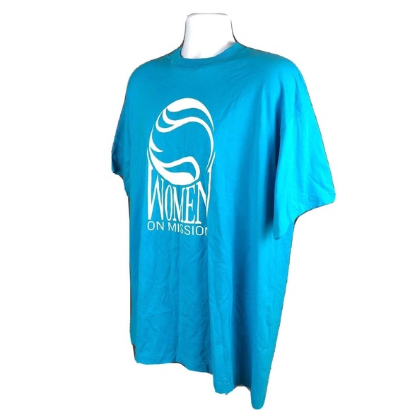 BEST Fruit of The Loom Vintage 90s T-Shirt Size XXL Women On Mission Light Blue - Picture 2 of 8